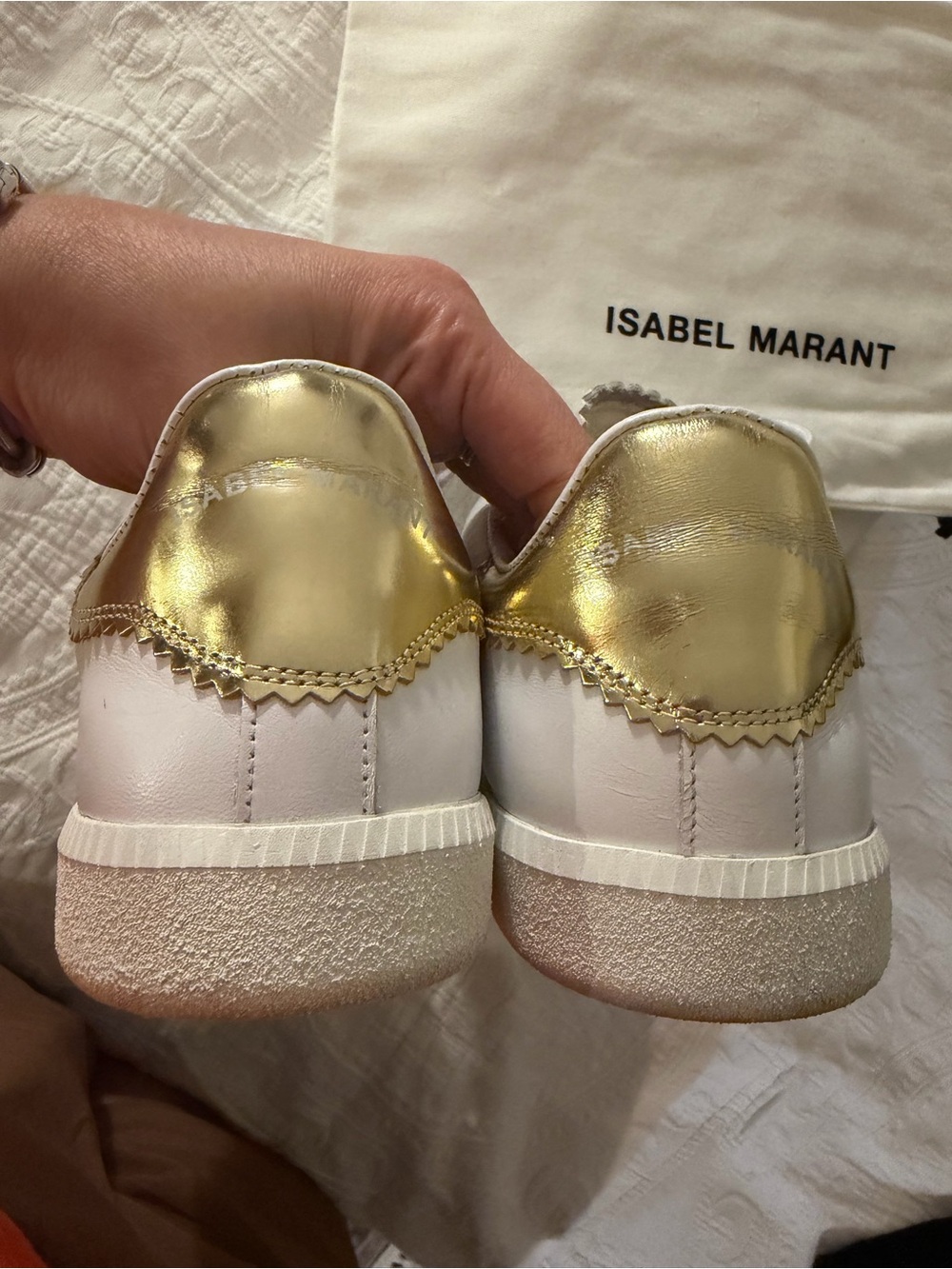 Isabel Marant White Sneakers with Gold Heel Accent and Graffiti Logo - Picture 6 of 10